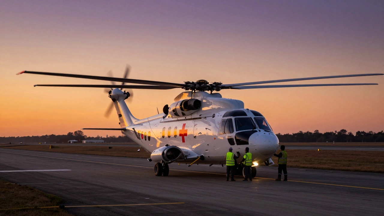 A medical evacuation plane on a runway during a sunset takeoff.