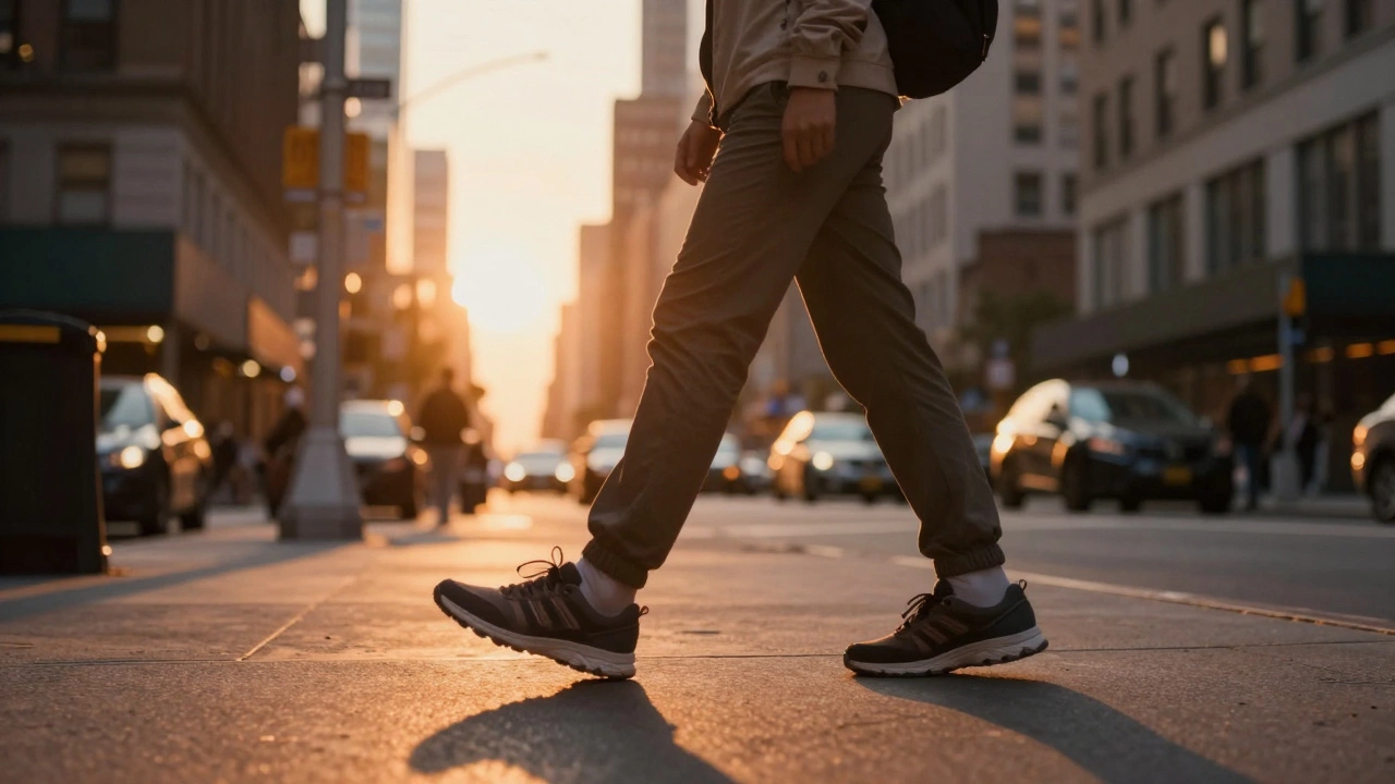 A person walking through a New York City street during a golden hour sunset.