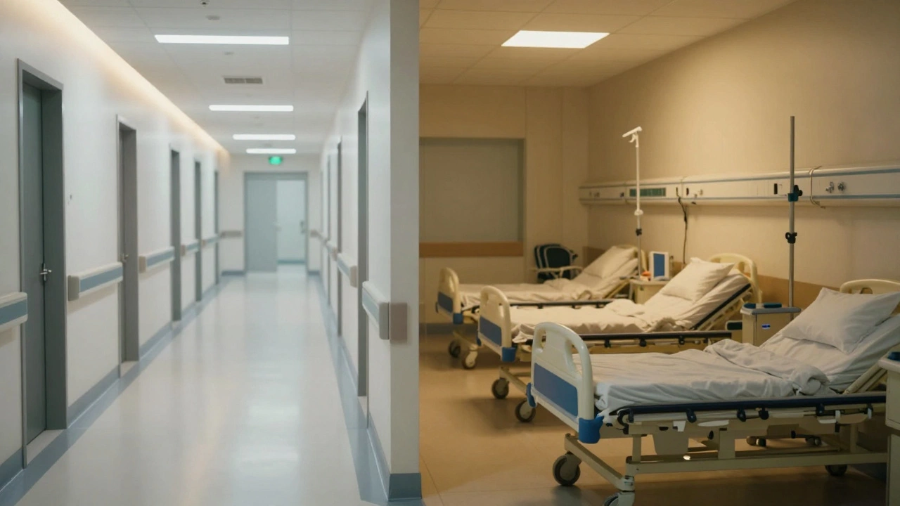 A split screen comparing a modern private hospital corridor with a crowded public hospital ward.