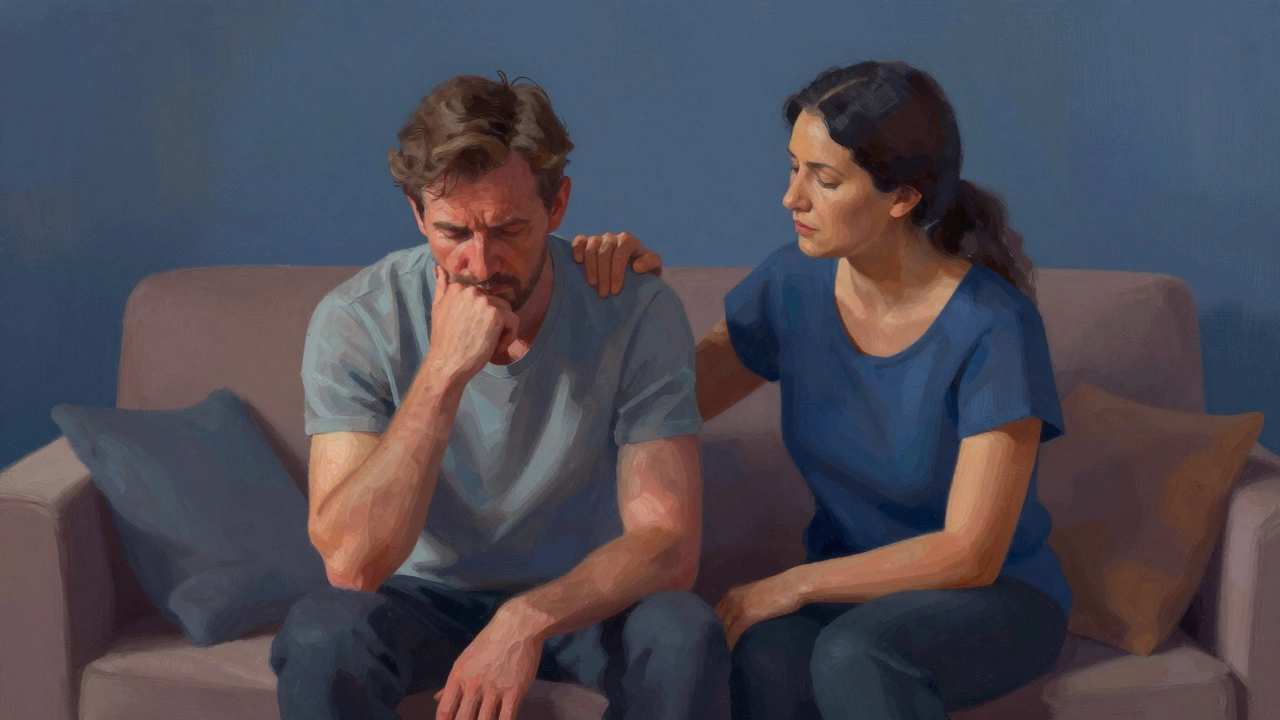 A supportive wife comforting her husband on a sofa during emotional recovery.