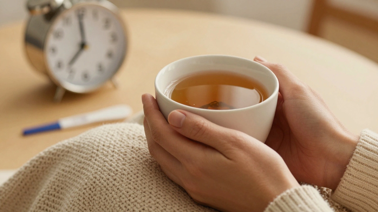 A woman's hands holding a warm cup of tea on a blanket, symbolizing the two-week wait.