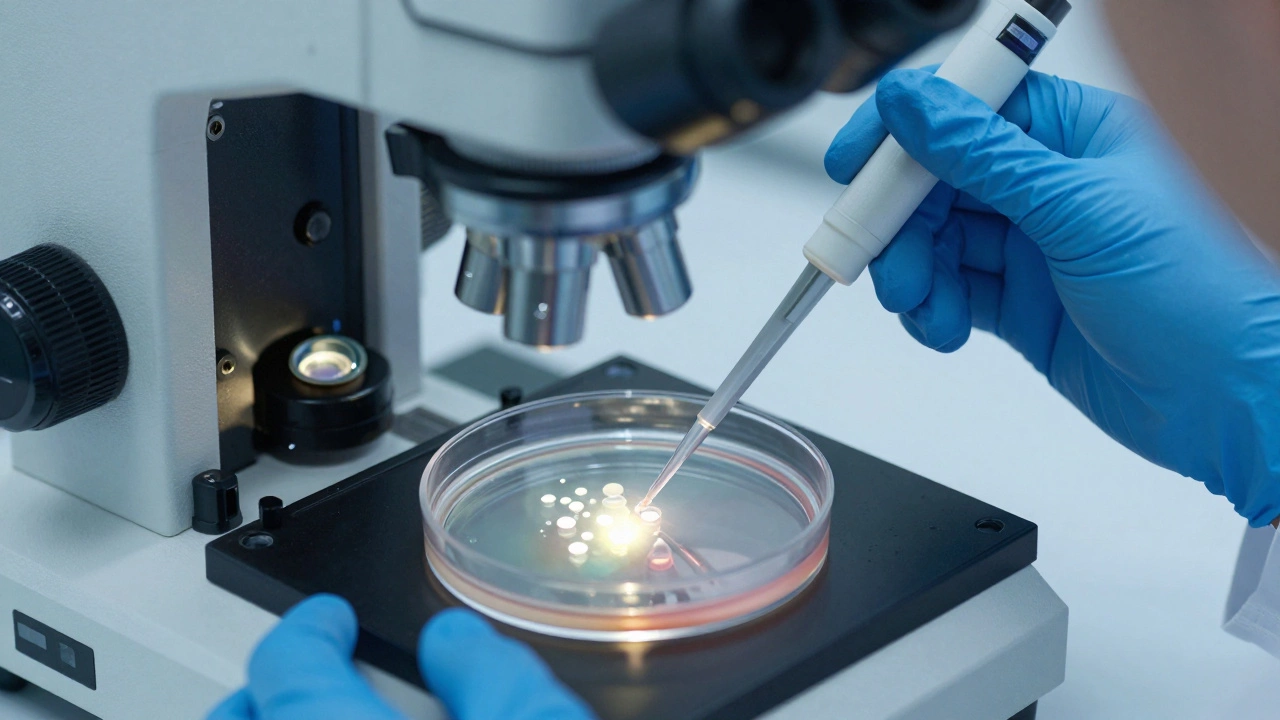 An embryologist using a microscope and petri dish to fertilize eggs in a laboratory.