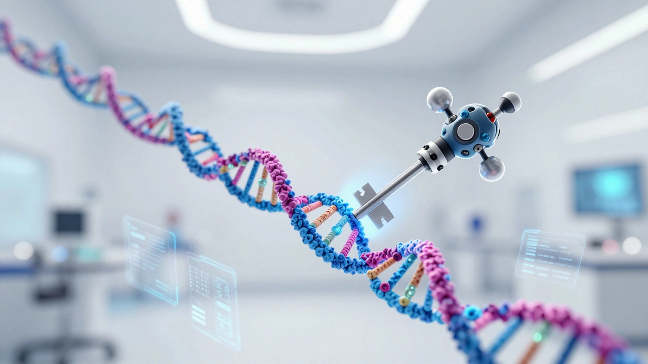 Holographic DNA strand with a precision molecular key targeting a mutation.