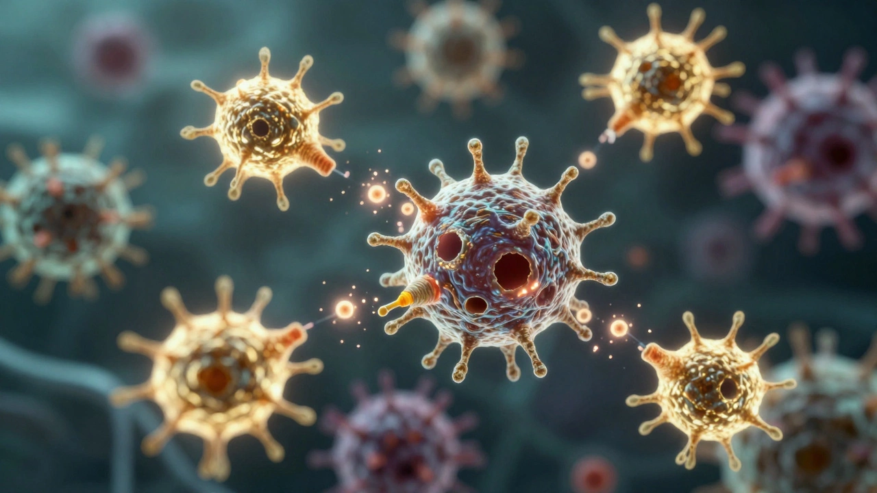 Microscopic view of glowing T-cells attacking and bursting cancer cells.