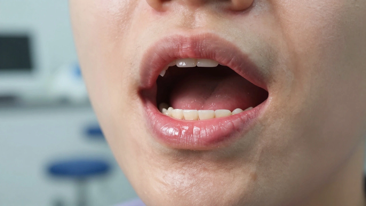 Close-up of healed gums around a dental implant abutment in a clinic setting.