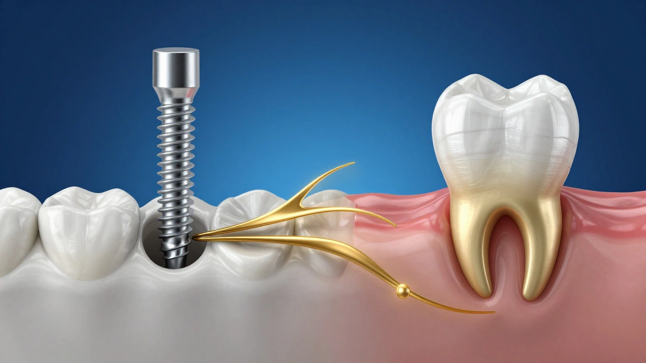 Conceptual art showing the progression from implant placement to final crown.