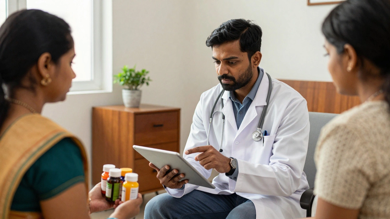 Doctor consulting patient about herbal supplements in Indian clinic