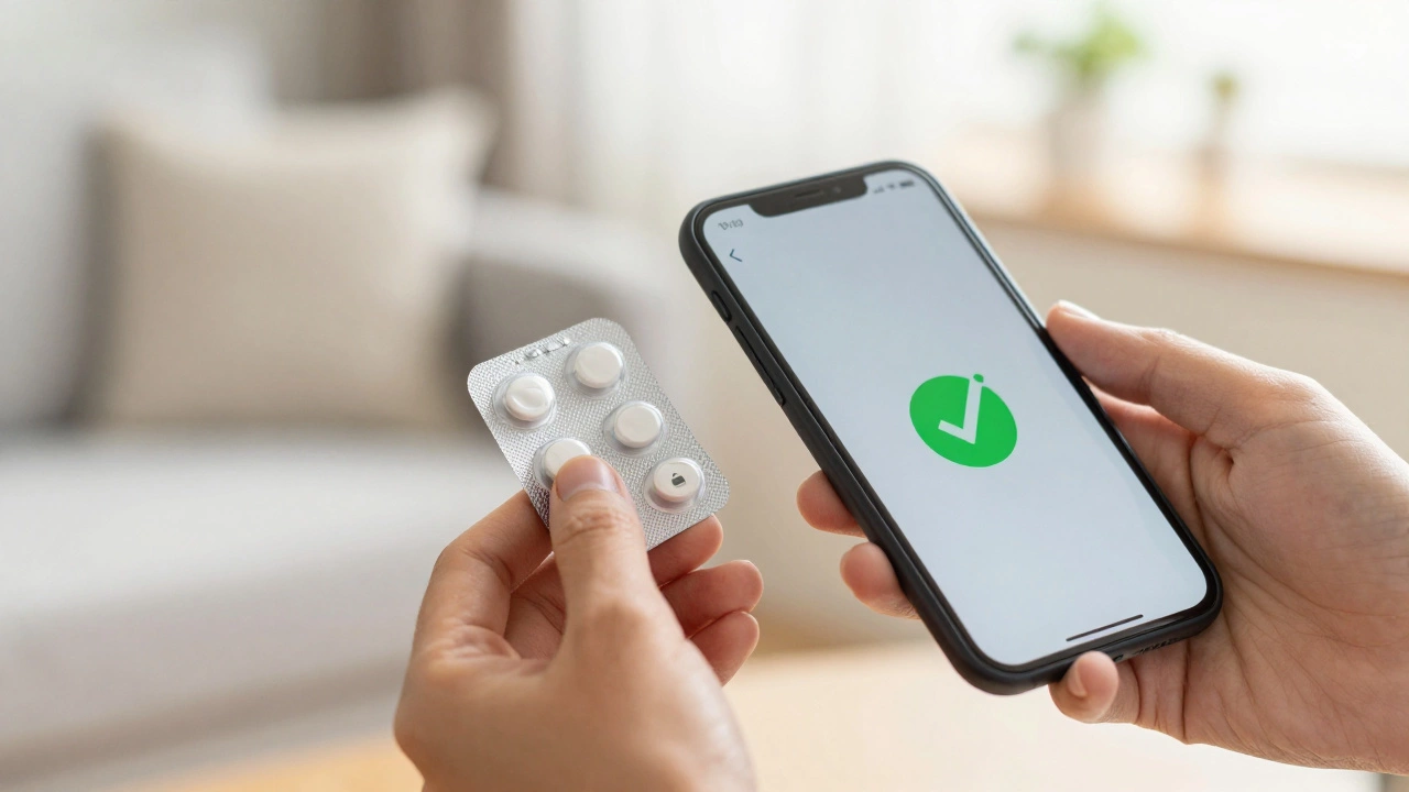 Hands inspecting sealed medicine package next to a secure phone screen