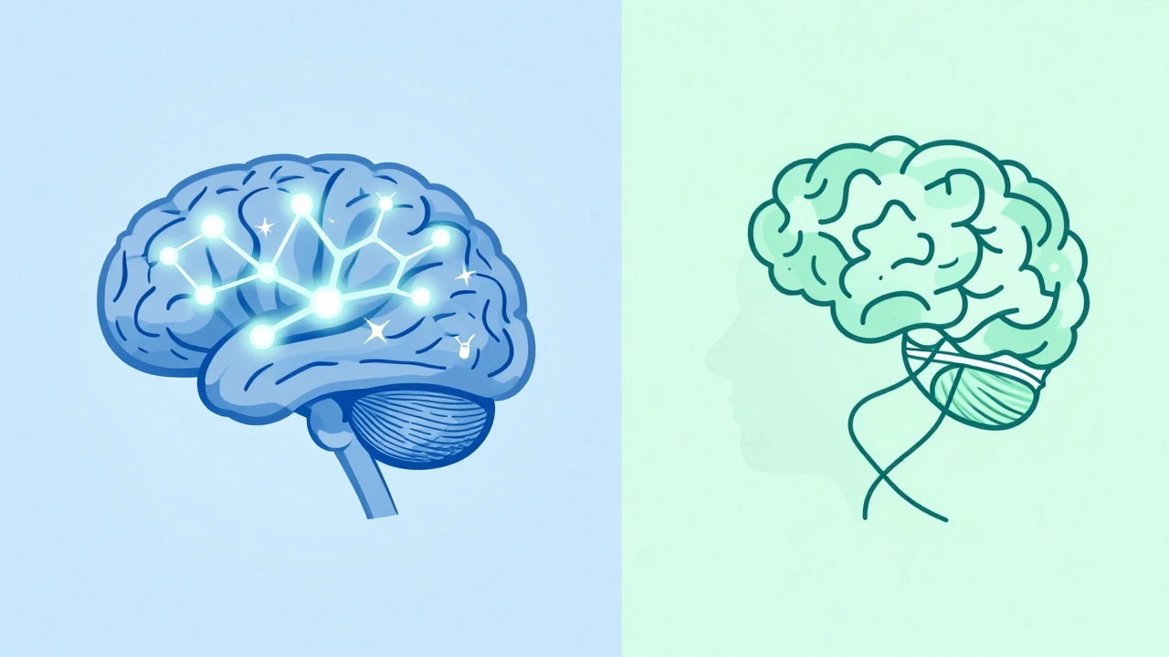 Illustration contrasting brain biology with thought patterns for therapy