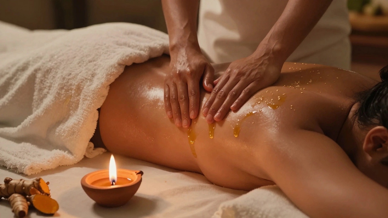 Illustration of warm oil massage for Ayurvedic detoxification and relaxation