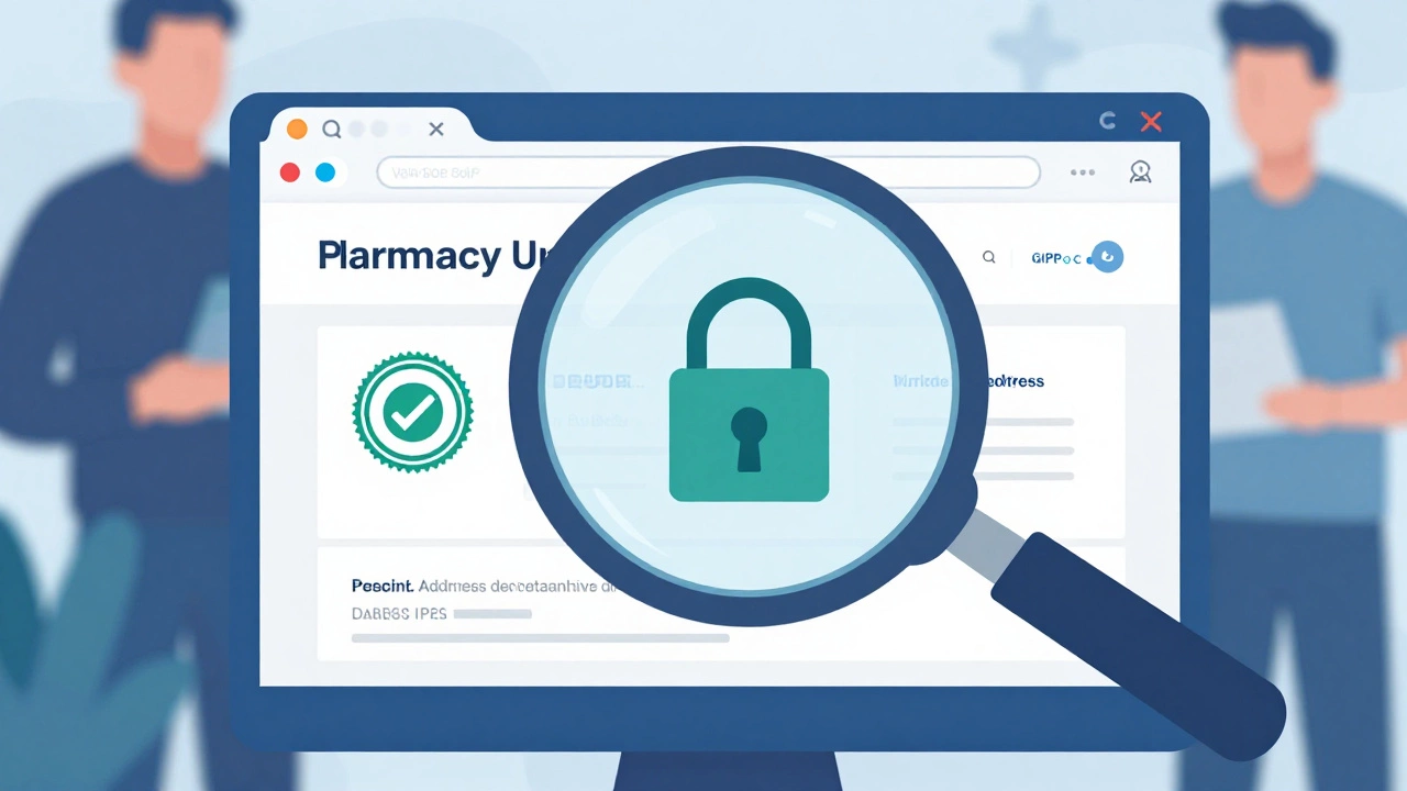 Magnifying glass revealing security seals on a safe online pharmacy site