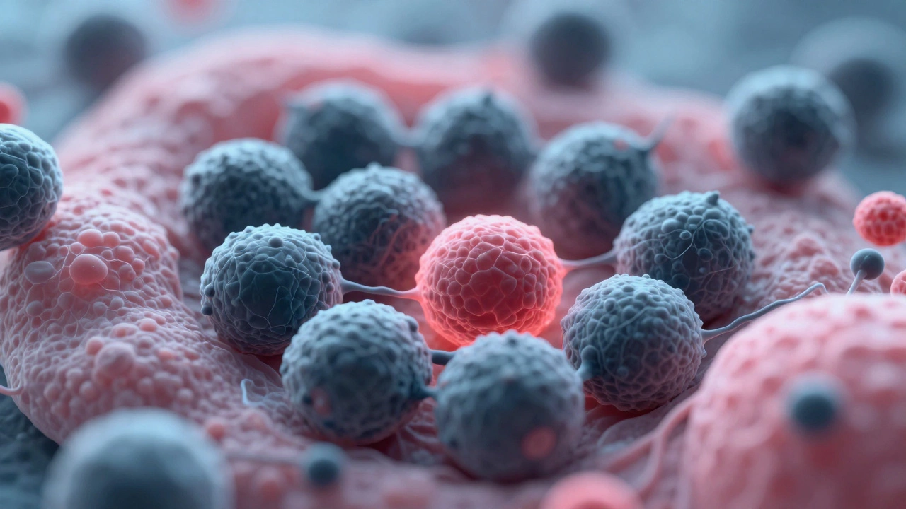 Microscopic view of dormant cancer cells among healthy tissue