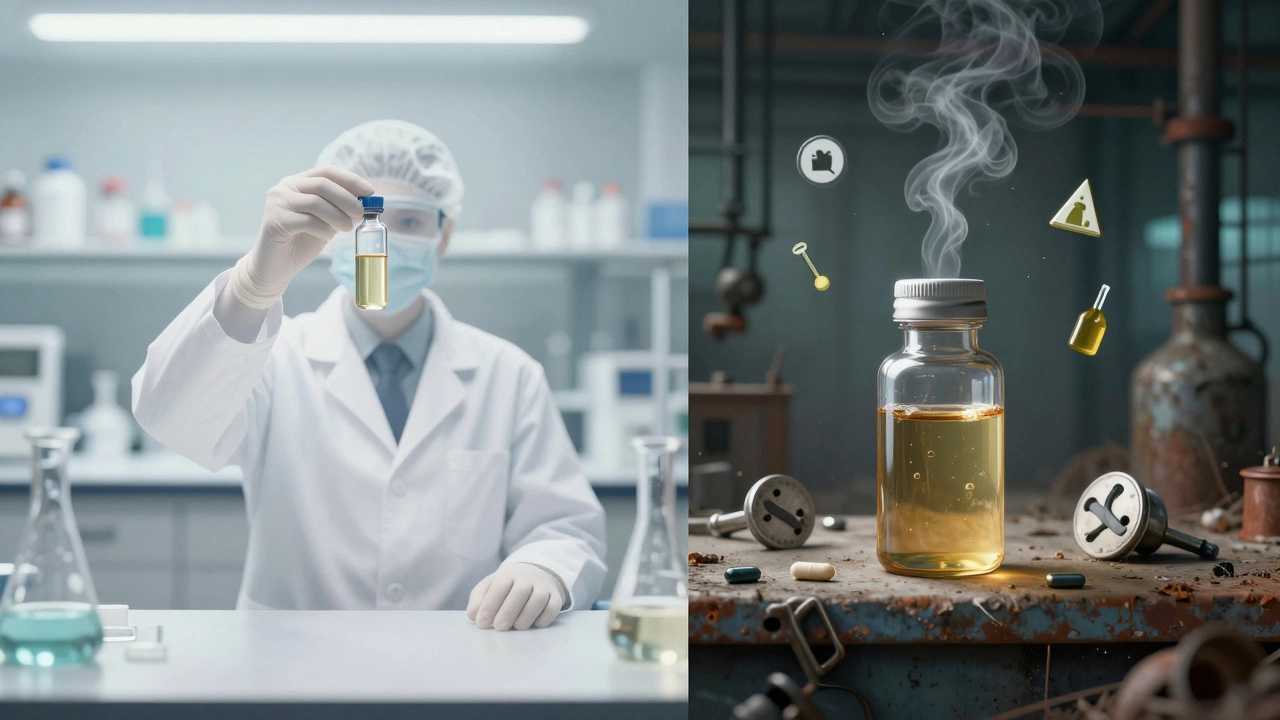 Split image showing pure lab supplement vs contaminated warehouse product