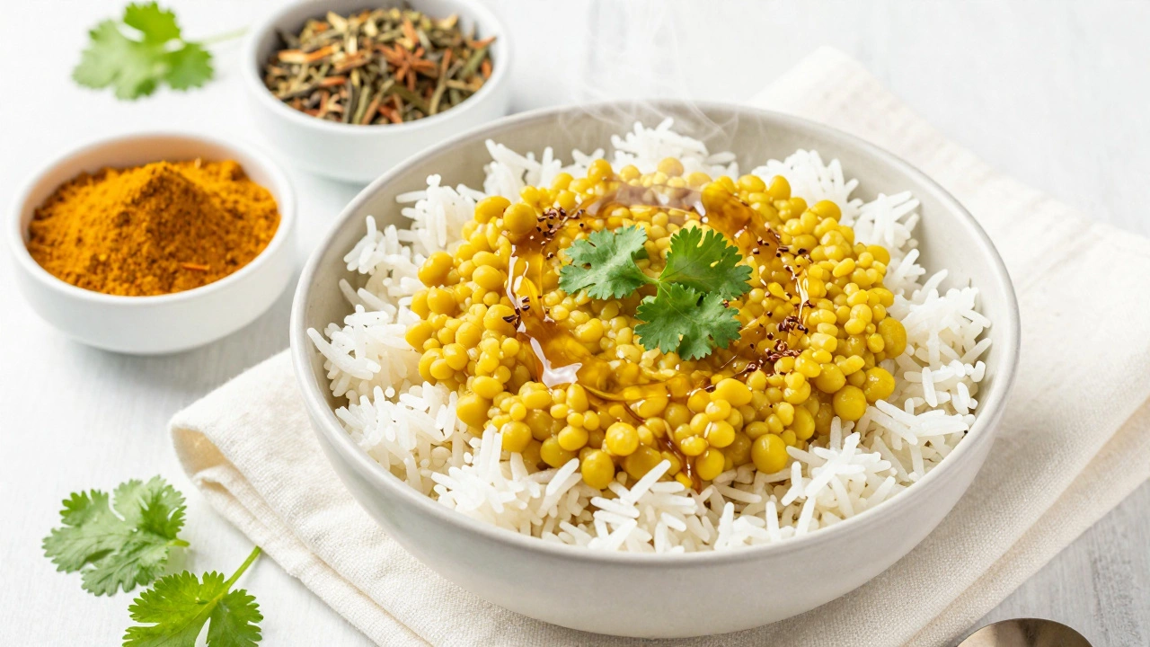 Steaming bowl of Kitchari rice and lentil dish with Ayurvedic spices