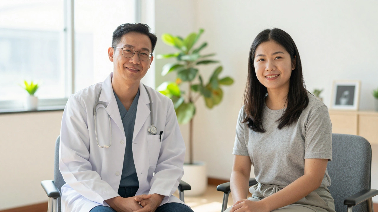 Two mental health professionals smiling together in a bright office