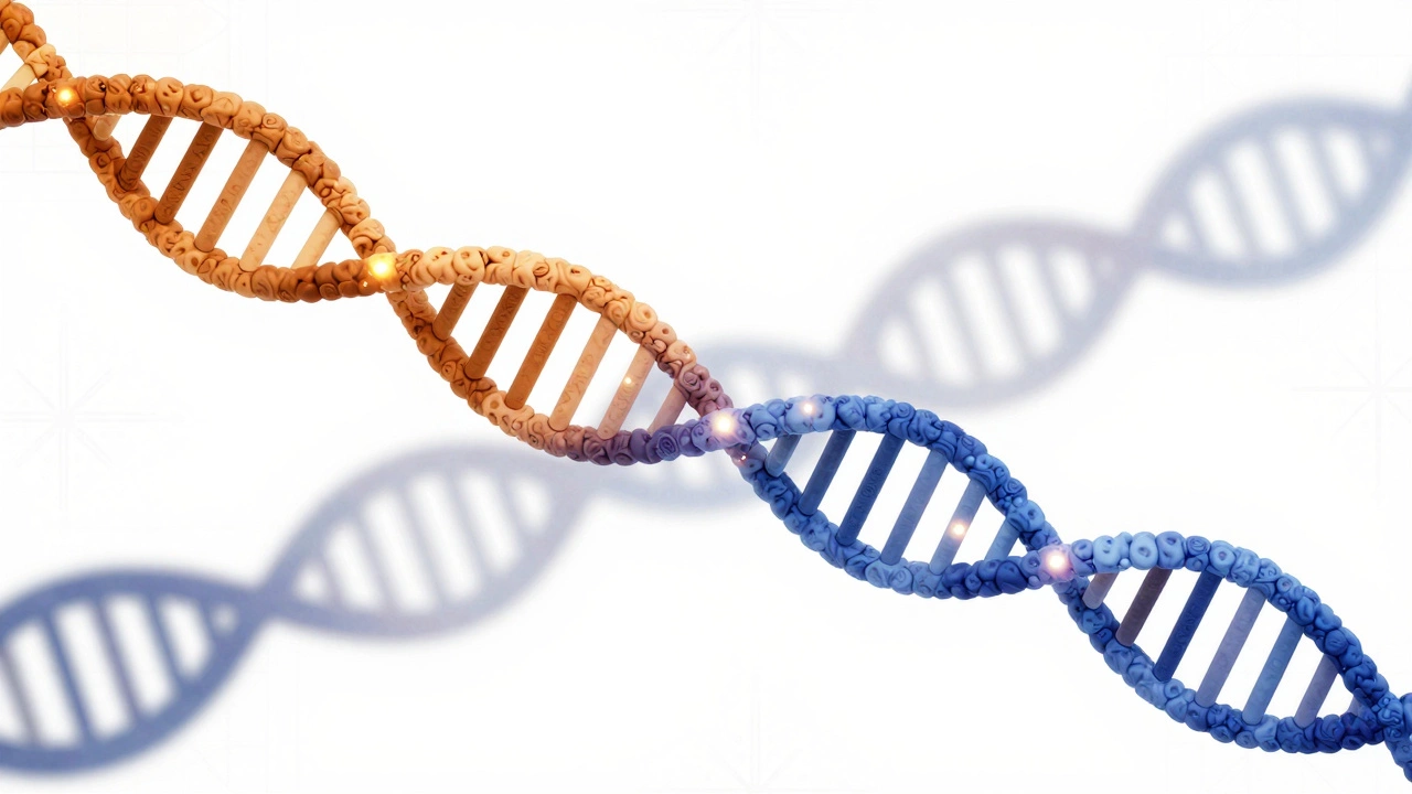 Abstract art of two DNA strands merging to form new genetics