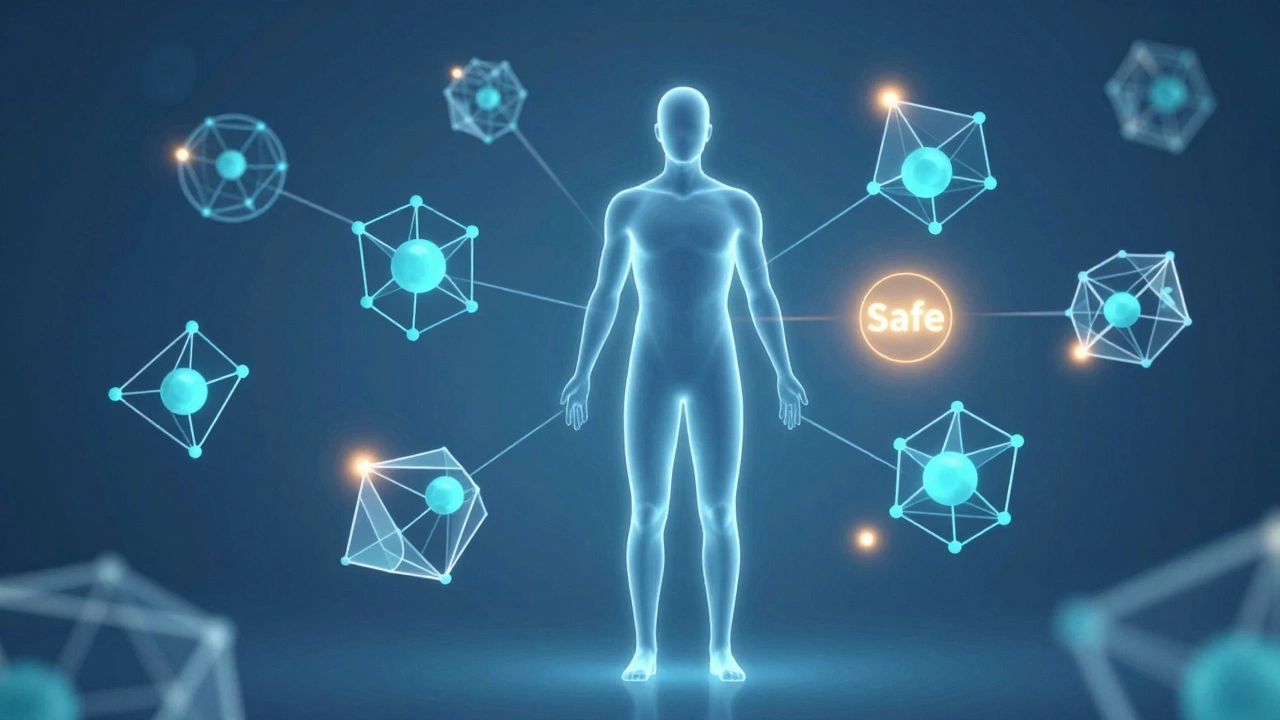 Abstract illustration of targeted therapy agents protecting a human silhouette.