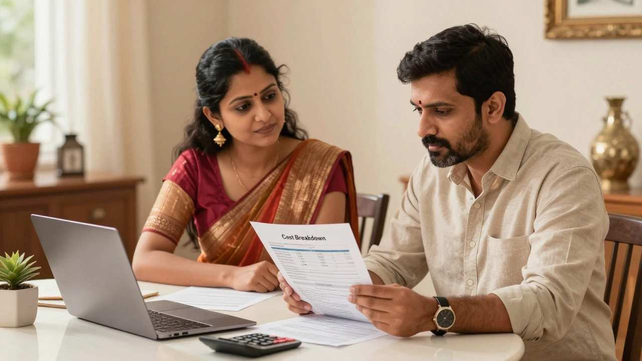Couple reviewing IVF cost breakdown documents at home, considering medical tourism options
