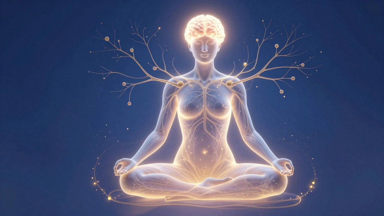Ethereal illustration of golden particles enhancing neural pathways in a silhouette.