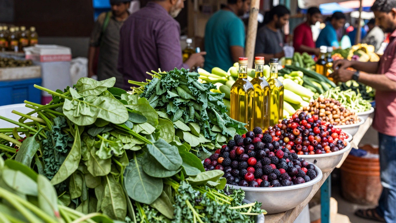 Fresh vegetables and olive oil at a vibrant Indian market stall