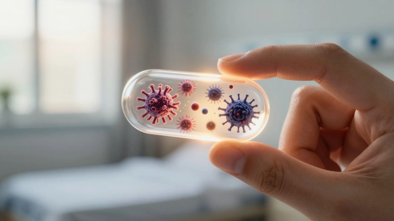 Glowing pill capsule containing immune cells fighting cancer, symbolizing modern targeted therapies.