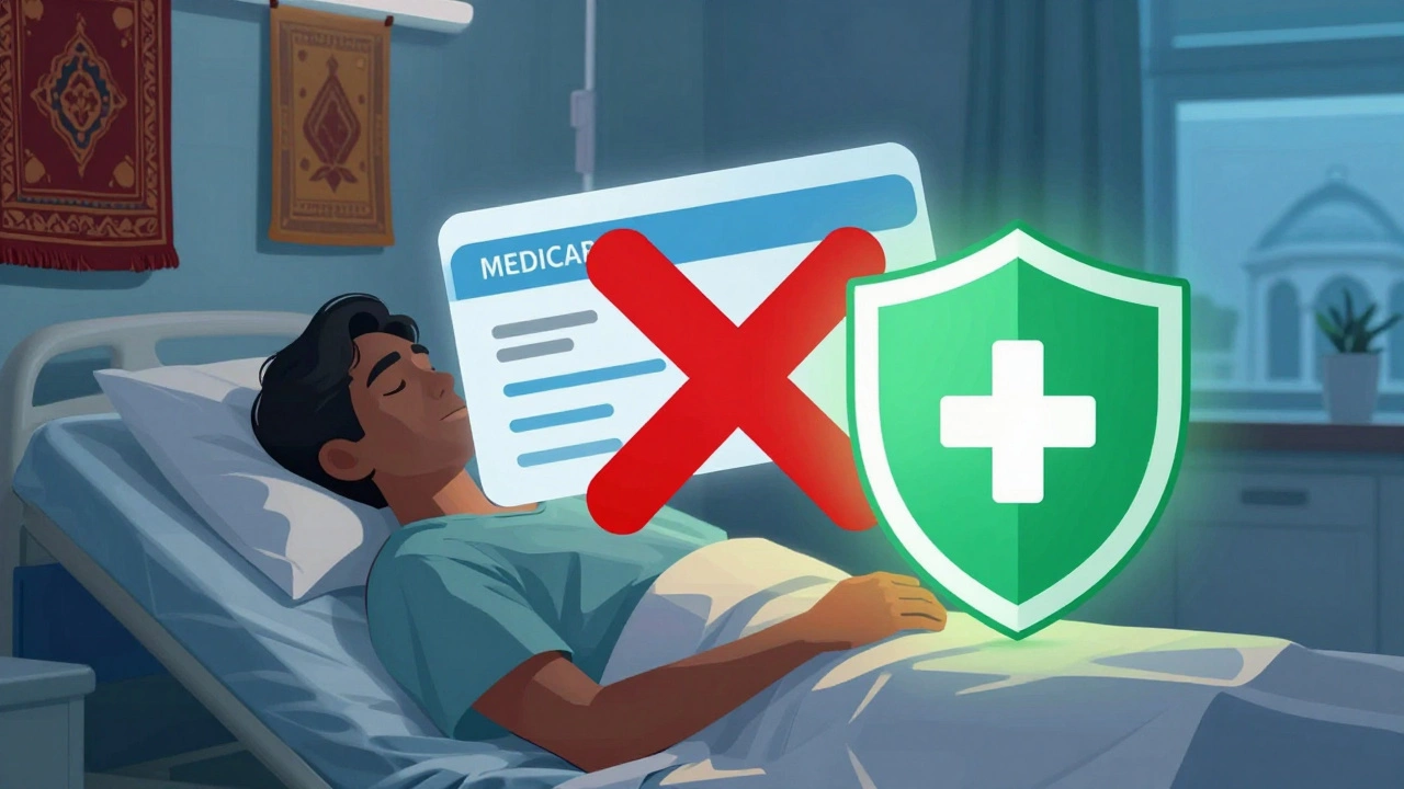 Illustration showing Medicare card rejected overseas while travel insurance protects patient