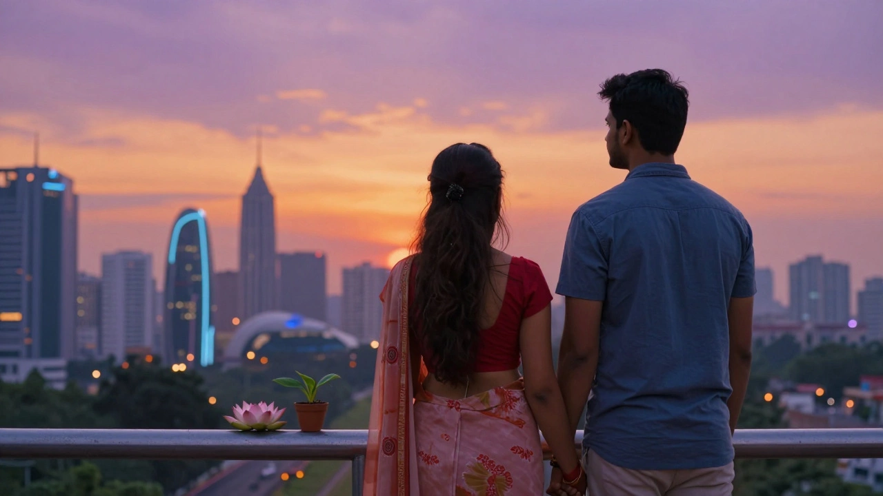 Indian couple holding hands looking at city view, symbolizing hope and family planning