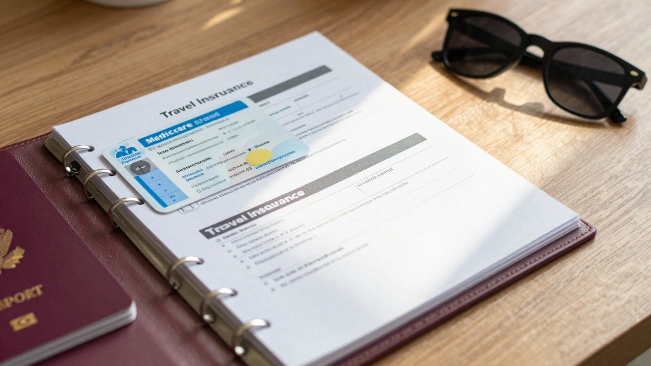Open travel folder with Medicare copy, insurance docs, and medication list on table