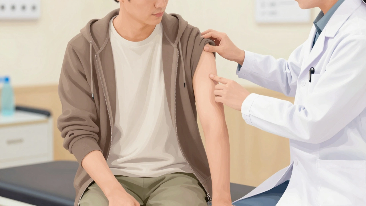Patient wearing layered, easy-to-remove clothing for an orthopedic exam