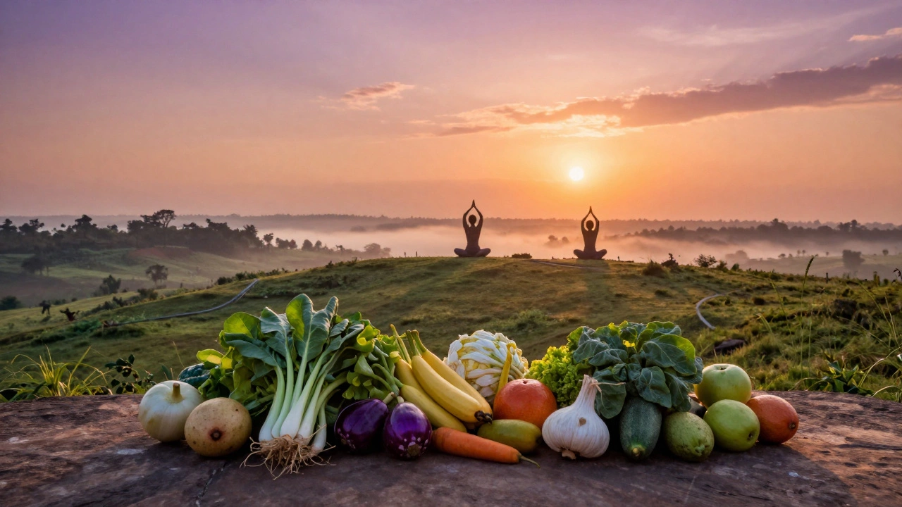 People doing yoga at sunrise with fresh produce, symbolizing prevention and wellness.