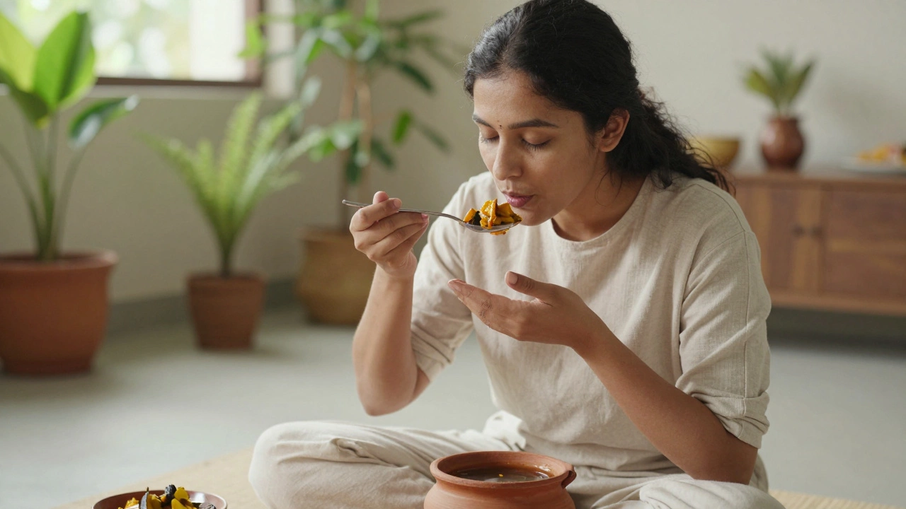 Person mindfully eating warm vegetables in a serene setting