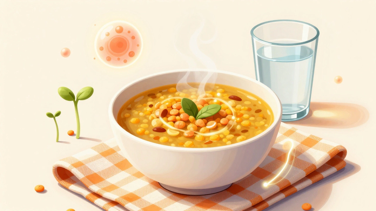 Steaming bowl of lentil soup with symbolic health elements