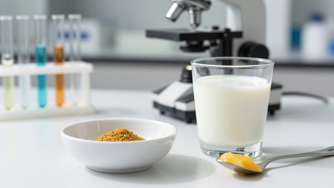 Swarna Bhasma with milk and ghee, with a lab background showing quality testing.