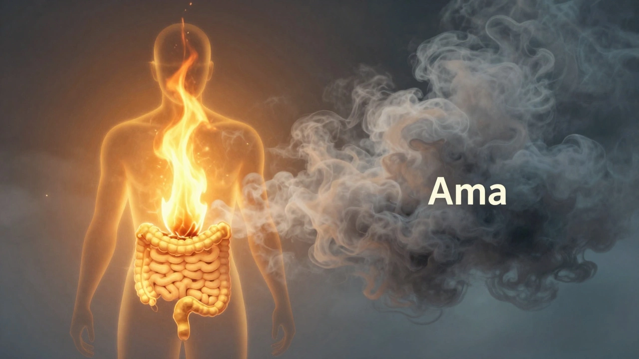 Symbolic art of golden digestive fire versus grey toxic sludge