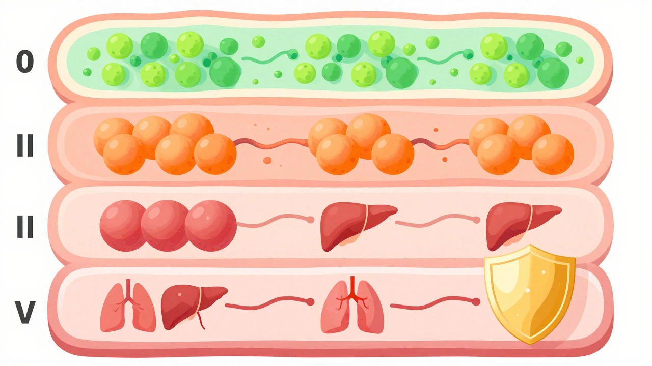 Visual metaphor showing cancer stages from localized cells to metastatic spread with protective shields.