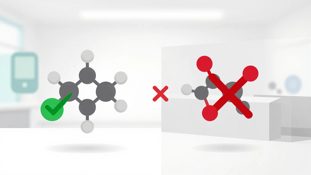 Conceptual art showing identical molecules with different approval statuses