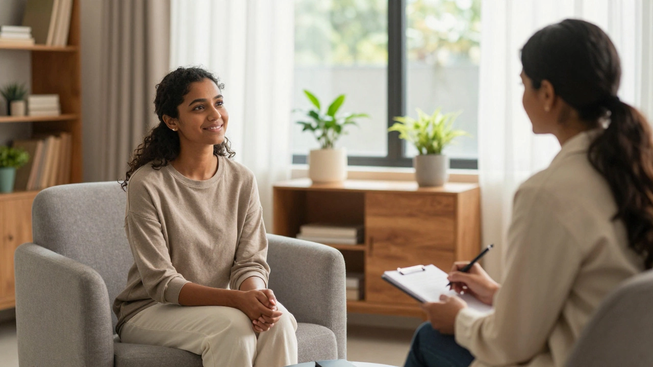 Counselor listening to couple in sunny office