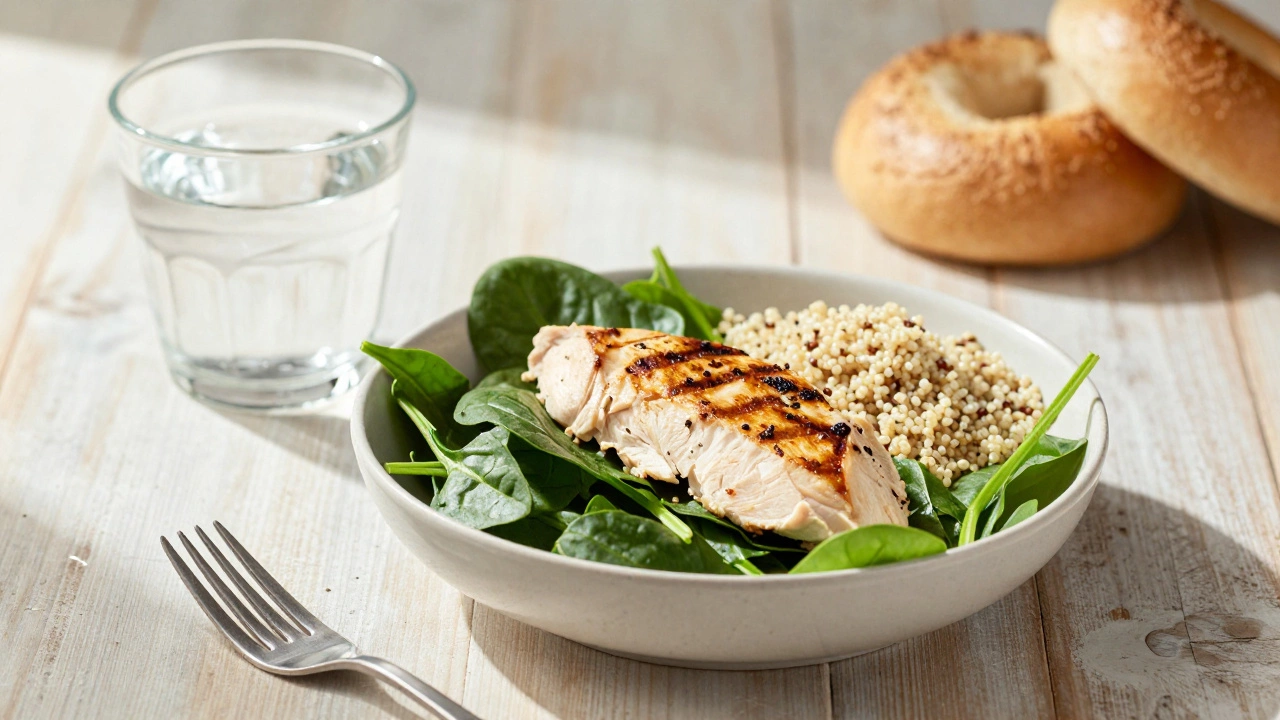 Healthy meal with chicken, spinach, and quinoa next to a blurred bagel