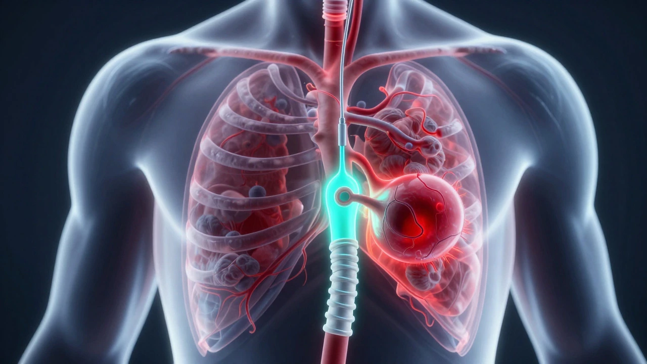 Illustration of aortic aneurysm repair with stent graft deployment