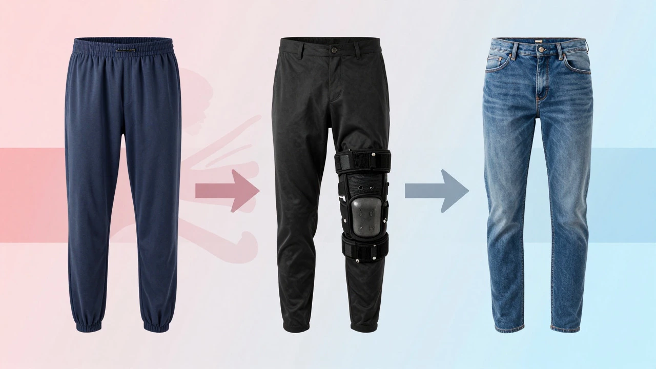 Illustration showing three types of recovery pants: capris, adaptive trousers, and jeans