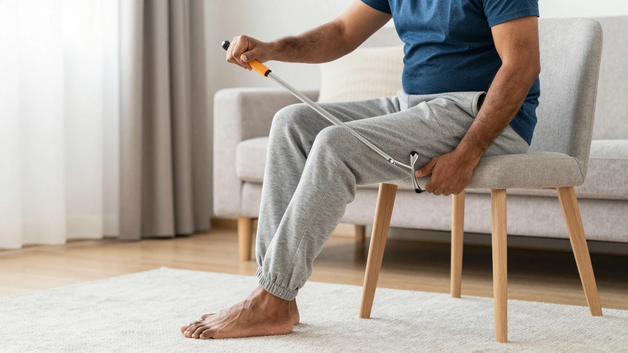 Man using a reacher tool to pull up sweatpants while seated during knee recovery