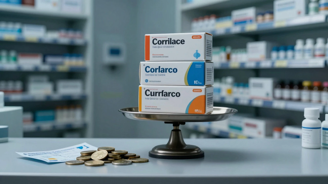 Medication boxes balancing on scale against money and bills