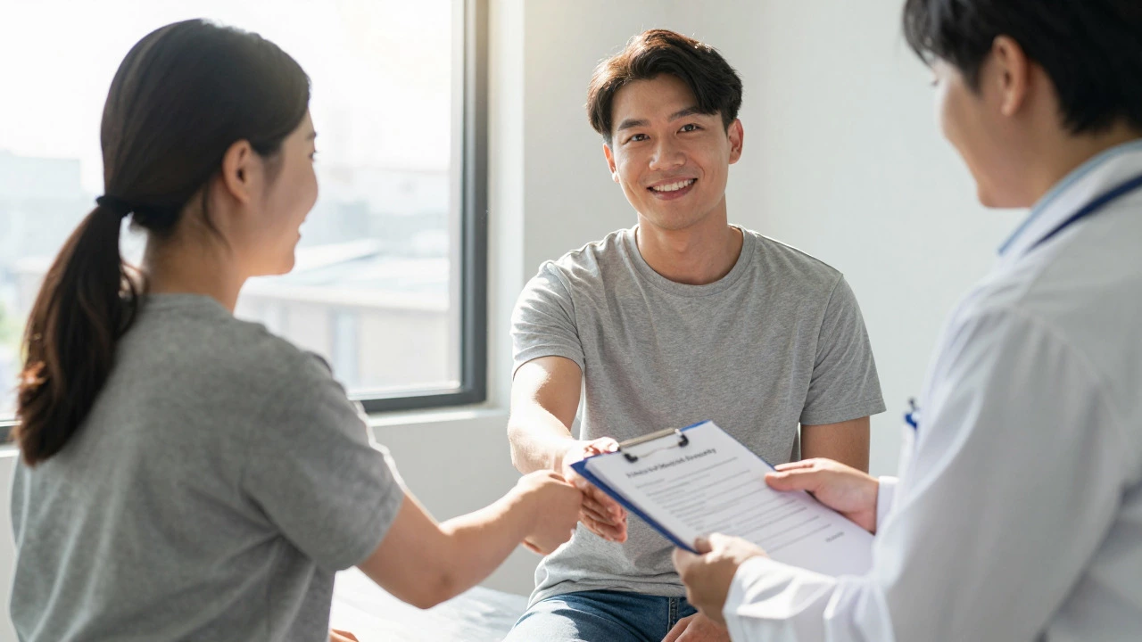 Patient and doctor shaking hands with medical documents in office