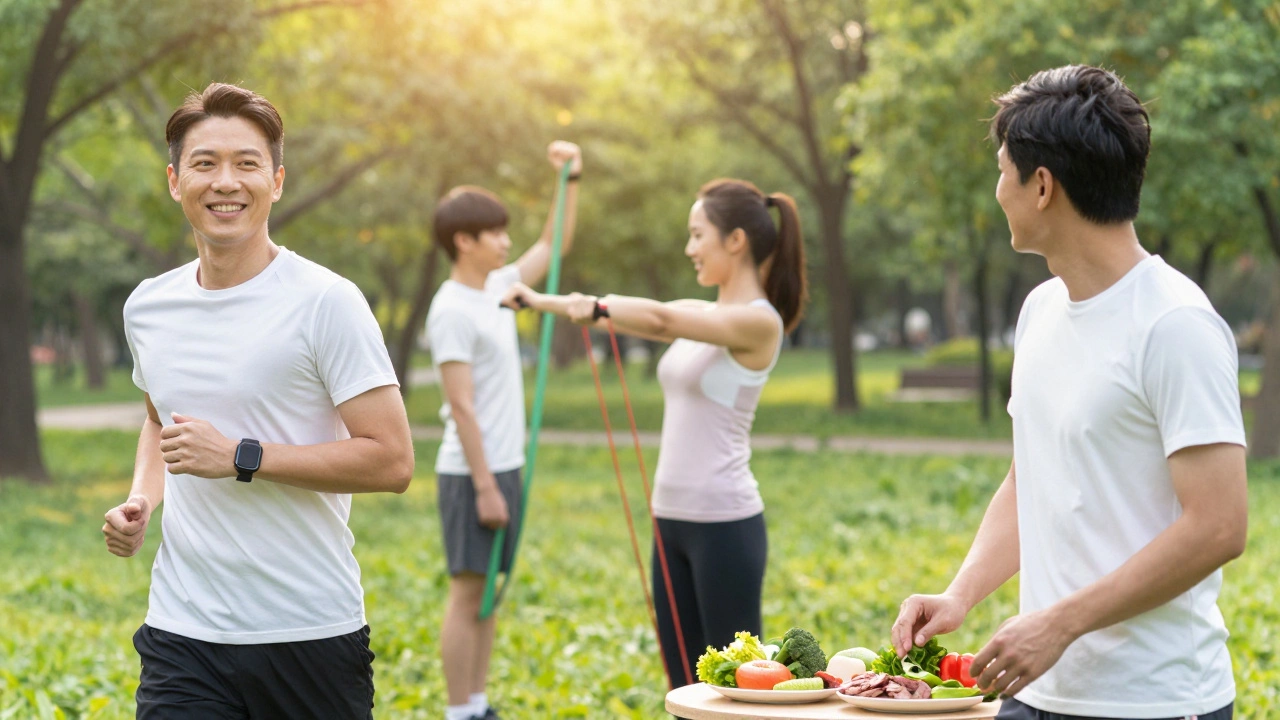 People walking, lifting weights, and eating healthy in a sunny park