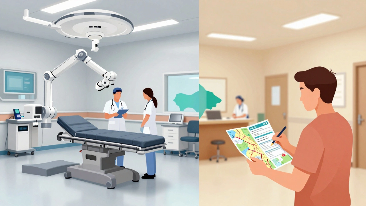 Split view comparing high-tech hospital vs affordable clinic for medical tourism