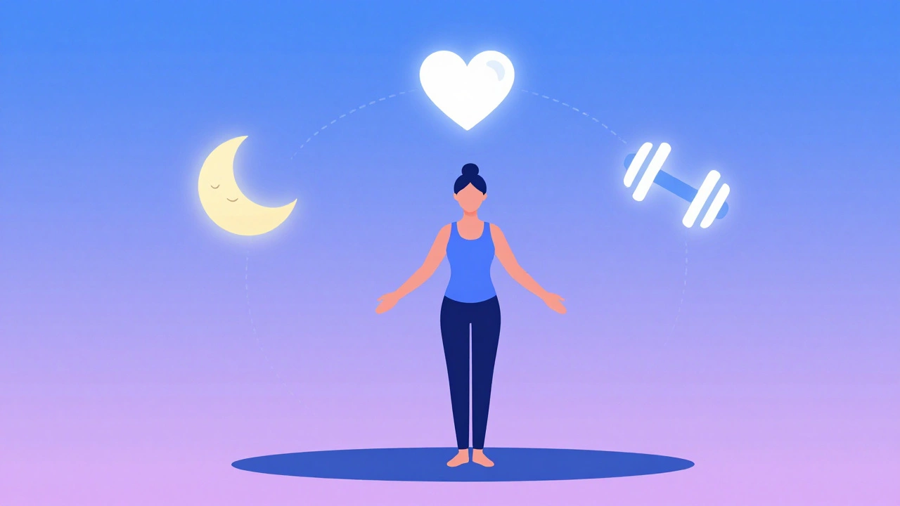 Vector art illustrating sleep, stress management, and exercise balance