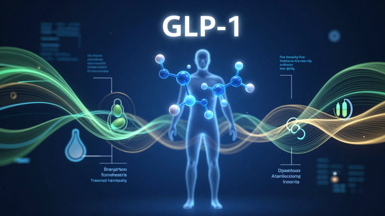 Abstract 3D art showing GLP-1 molecules and metabolic balance