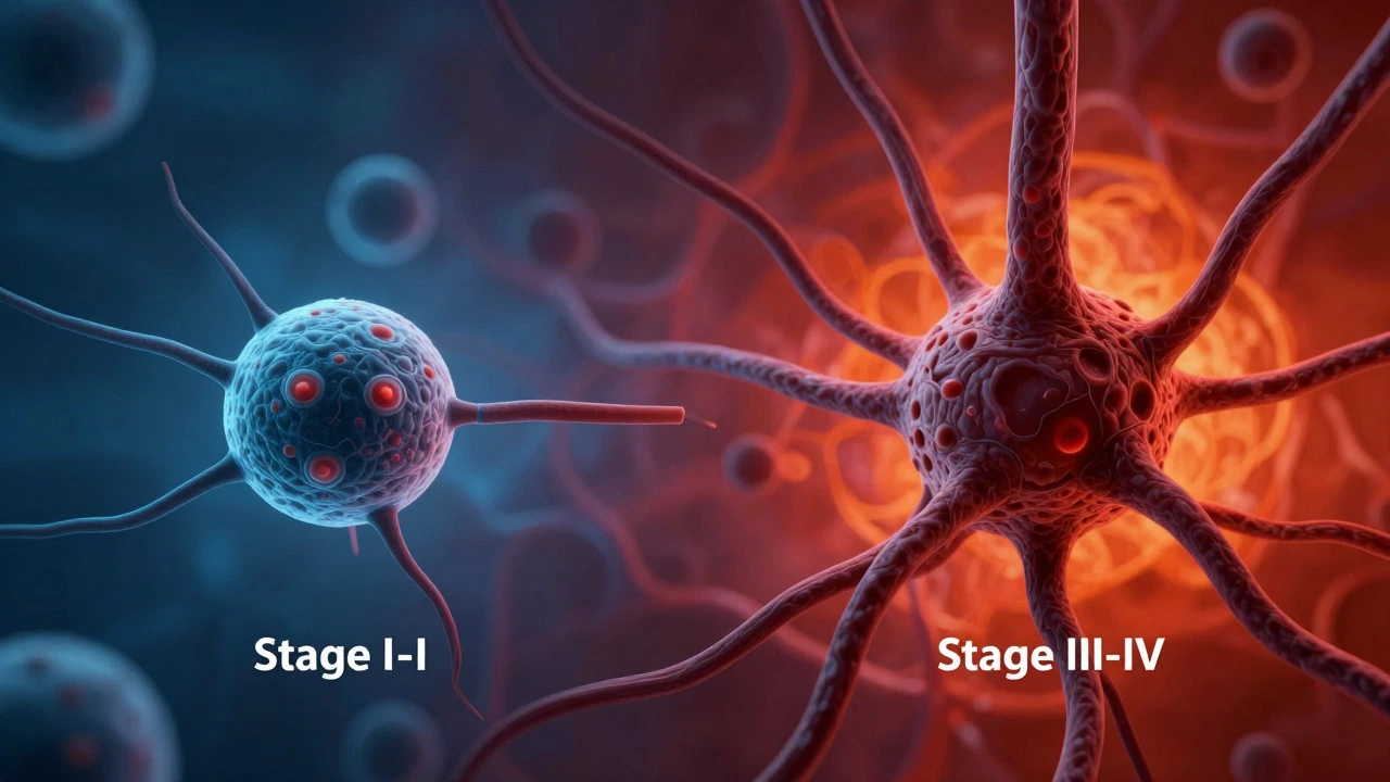 Abstract art contrasting localized vs metastatic cancer spread