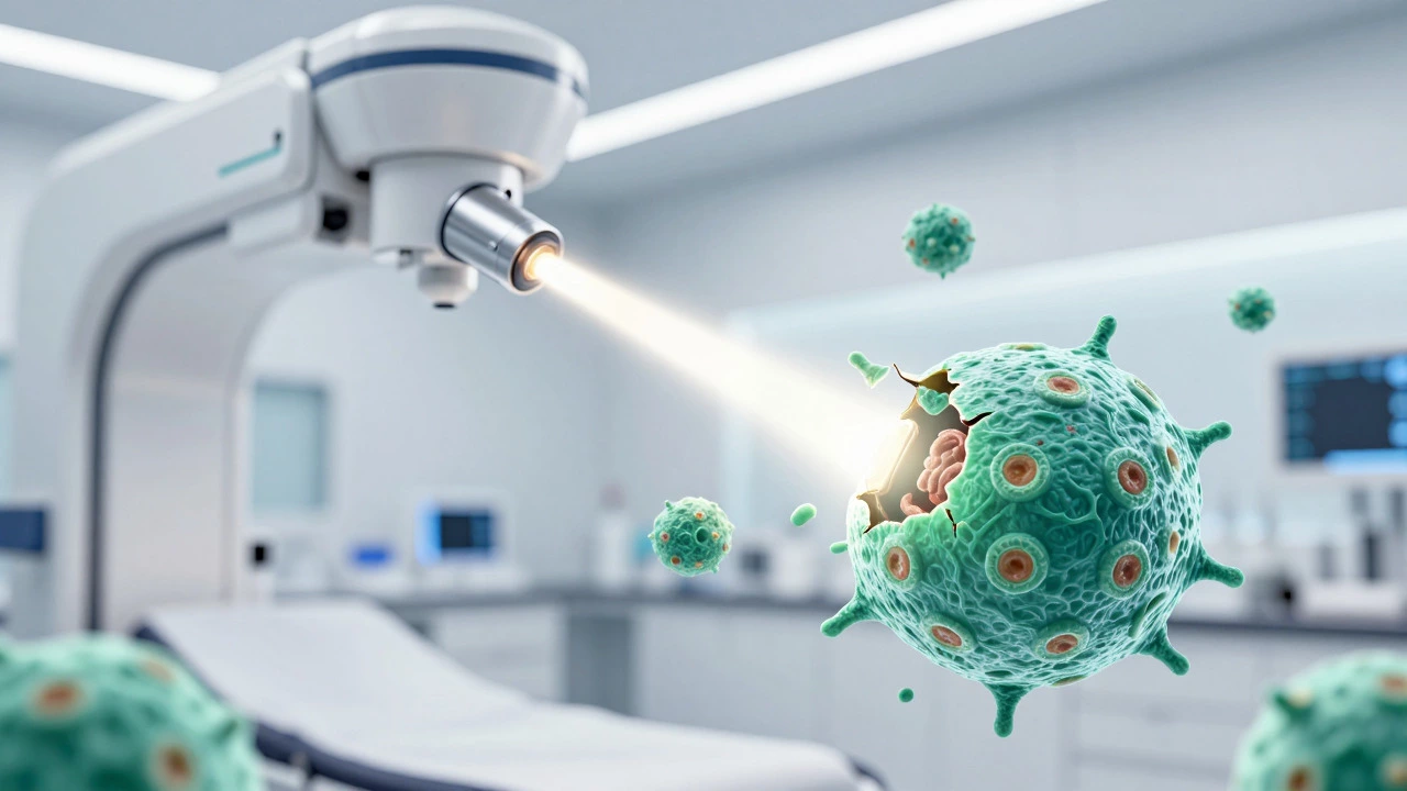 Abstract depiction of targeted therapy attacking heterogeneous cancer cells