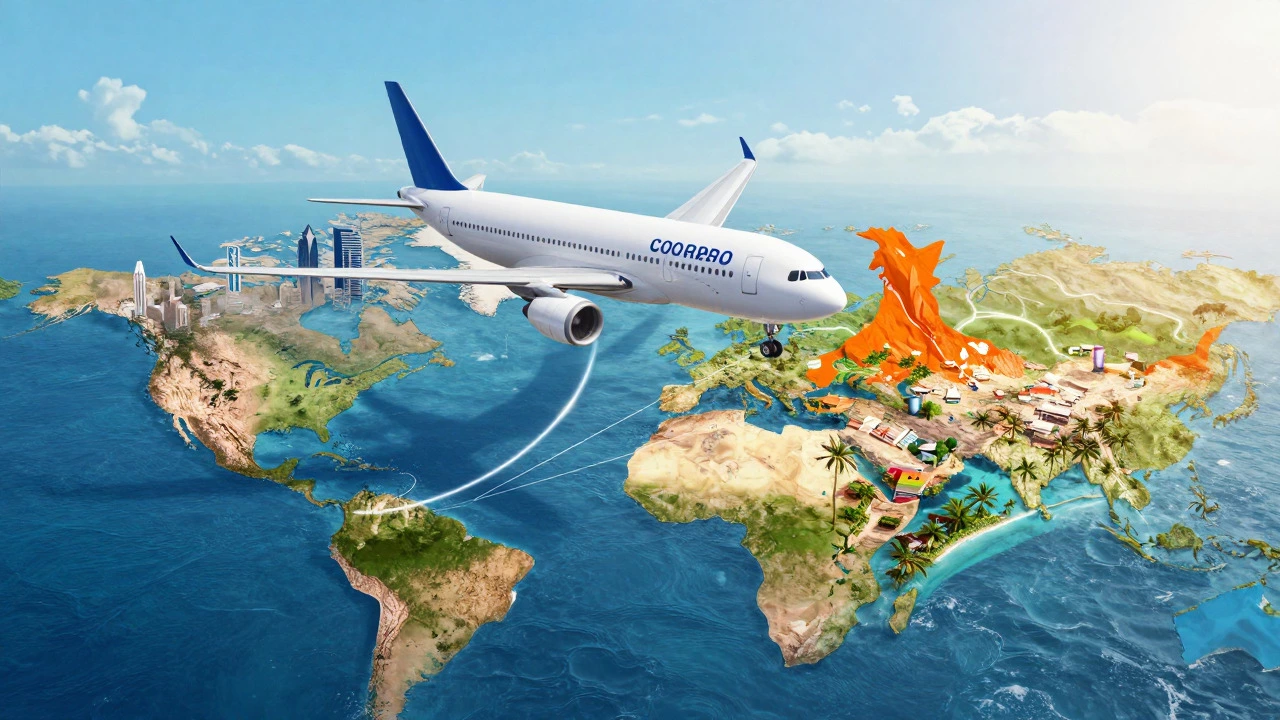 Airplane flying between two cities symbolizing international medical travel